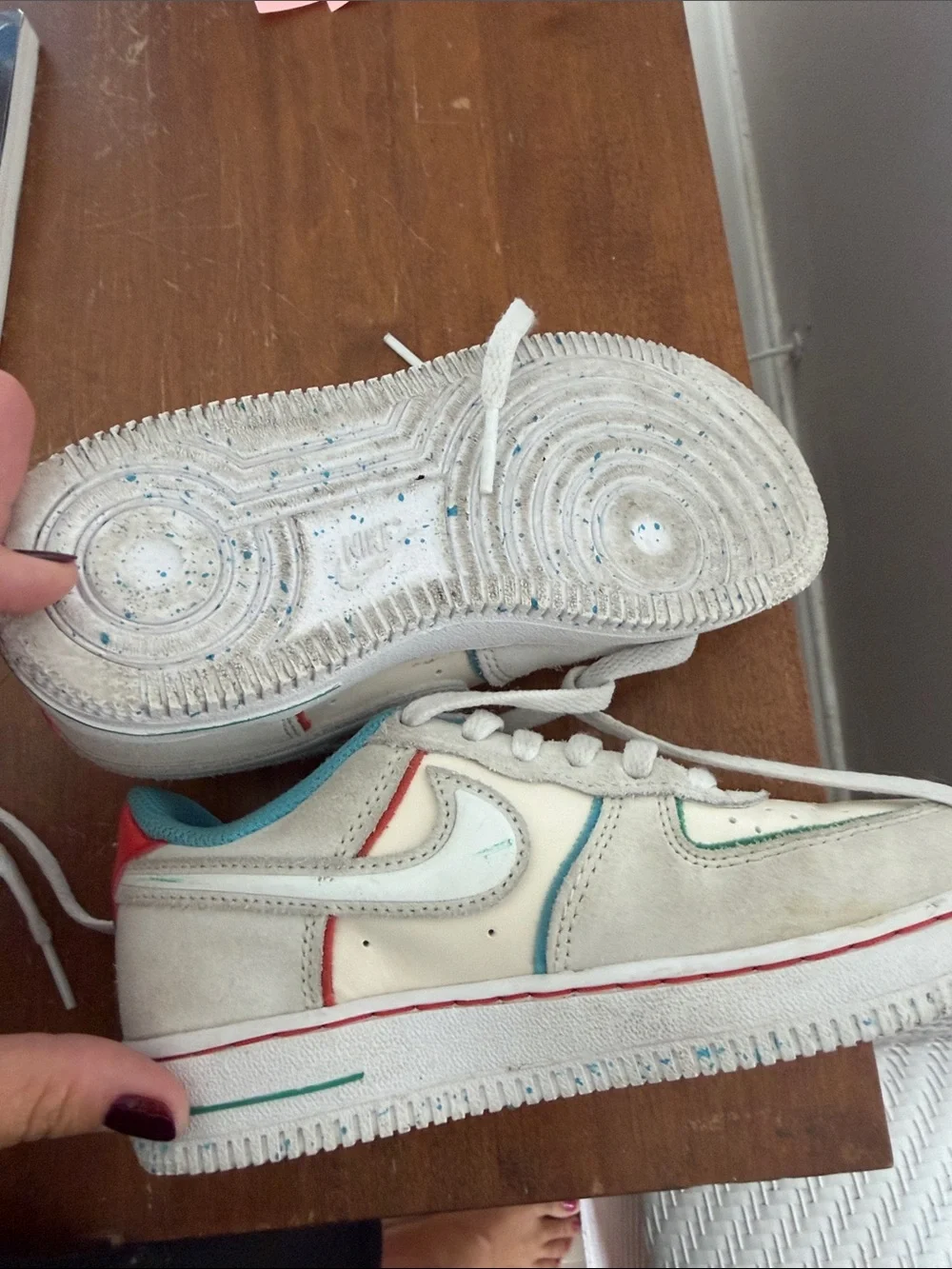 Nike Kids Off-White Sneakers with Teal Lining and Red Heel
